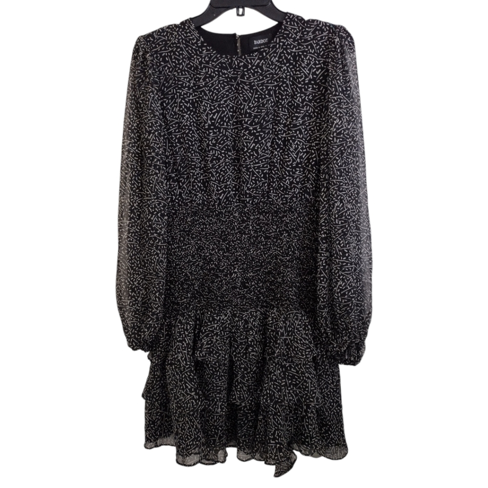 Bardot black white sprinkle confetti print drop waist ruffle hemline dress 10